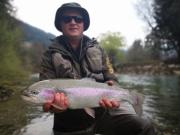 Rainbow trout and Sasa, April fly fishing Slovenia 2019 big rainbow